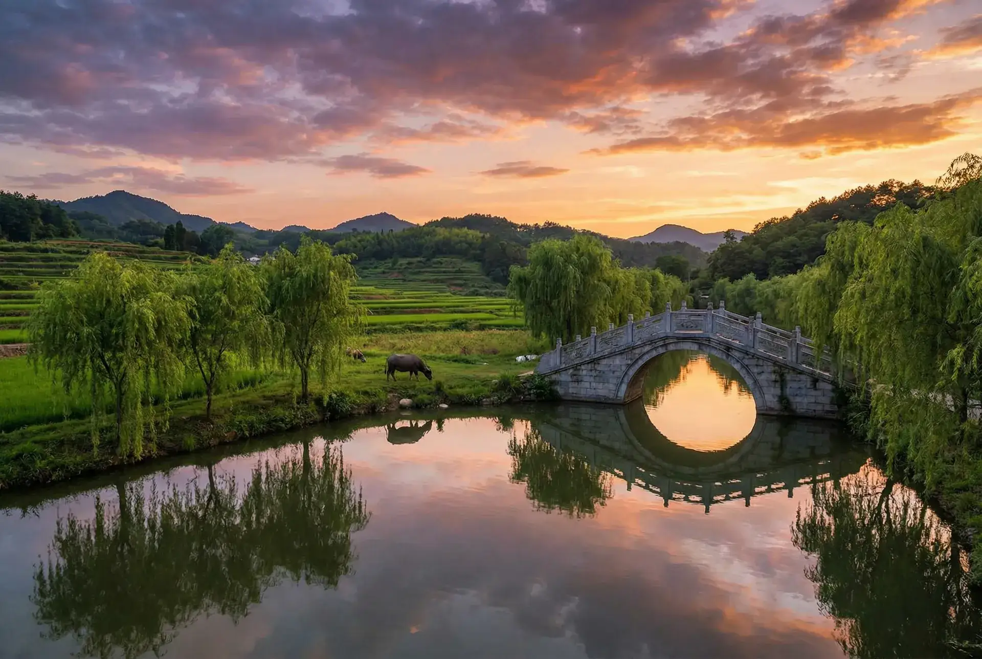 夕阳下的石拱桥与垂柳，水牛在河边吃草 - 性感美女写真 乡村美景